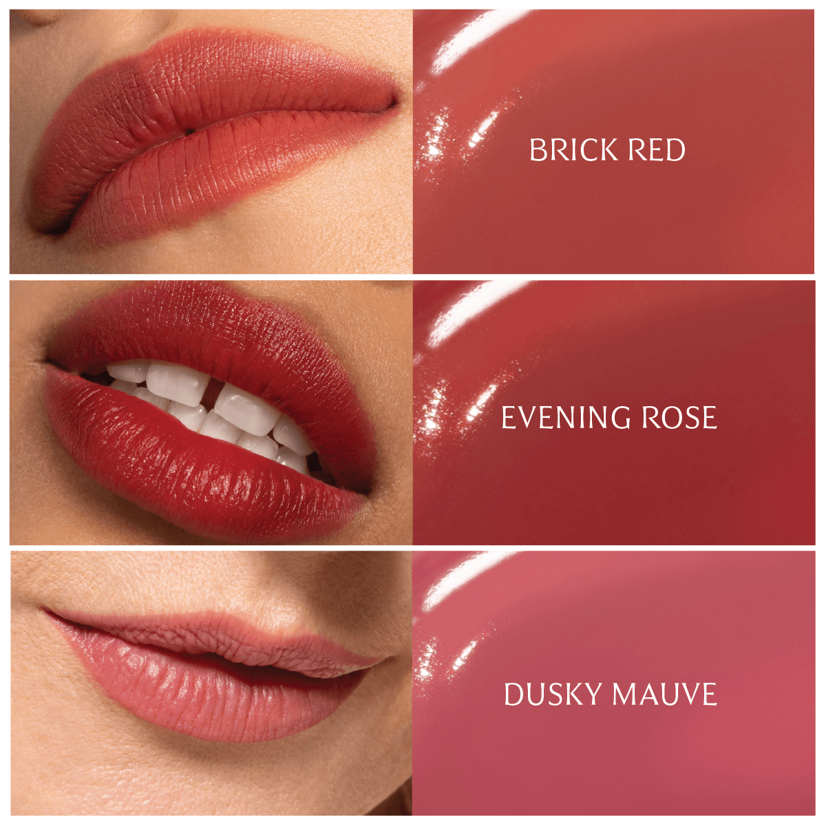 Three lip swatches of ICD Makeup Butter Lip Tint in Brick Red, Evening Rose, and Dusky Mauve showcasing vibrant colors.