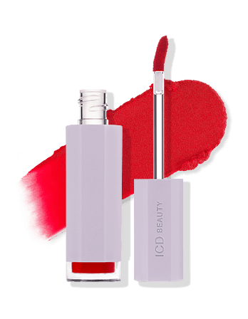 ICD Makeup Butter Lip Tint Velvet Matte with applicator and vibrant red swatch beside the tube.