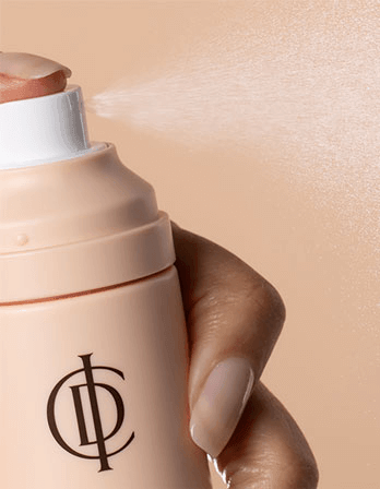 Riman ICD Makeup Set & Stay Makeup Spray bottle with skin mist being sprayed from the nozzle.