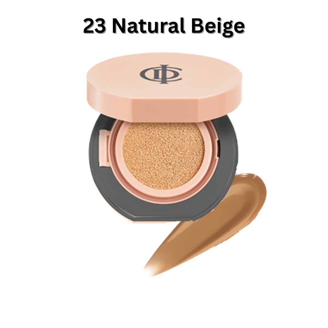 ICD Makeup Luminous Glow Cushion in 23 Natural Beige with a swatch demonstrating its lightweight coverage and finish.