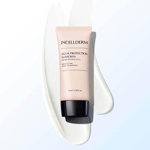 Incellderm Aqua Protection Sunscreen tube with creamy texture on a light background.
