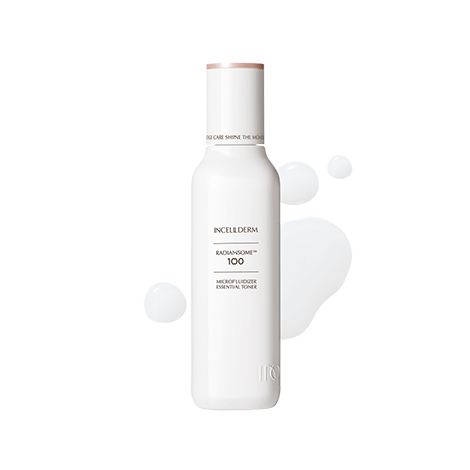Riman Incellderm Radiansome 100 Essential Toner bottle on a white background, part of the travel skincare kit.