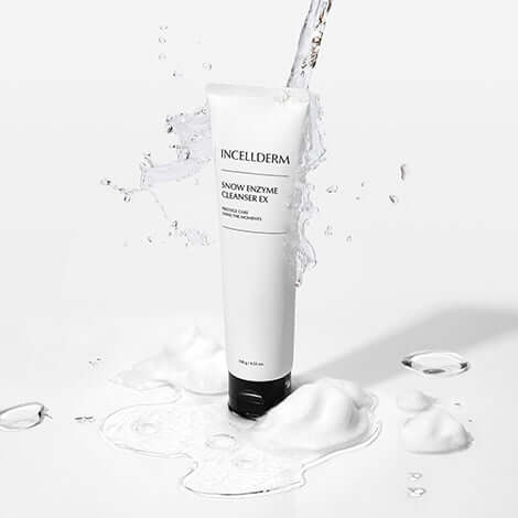 Incellerderm Snow Enzyme Cleanser EX with foamy texture and water splash, perfect for gentle cleansing and skincare.