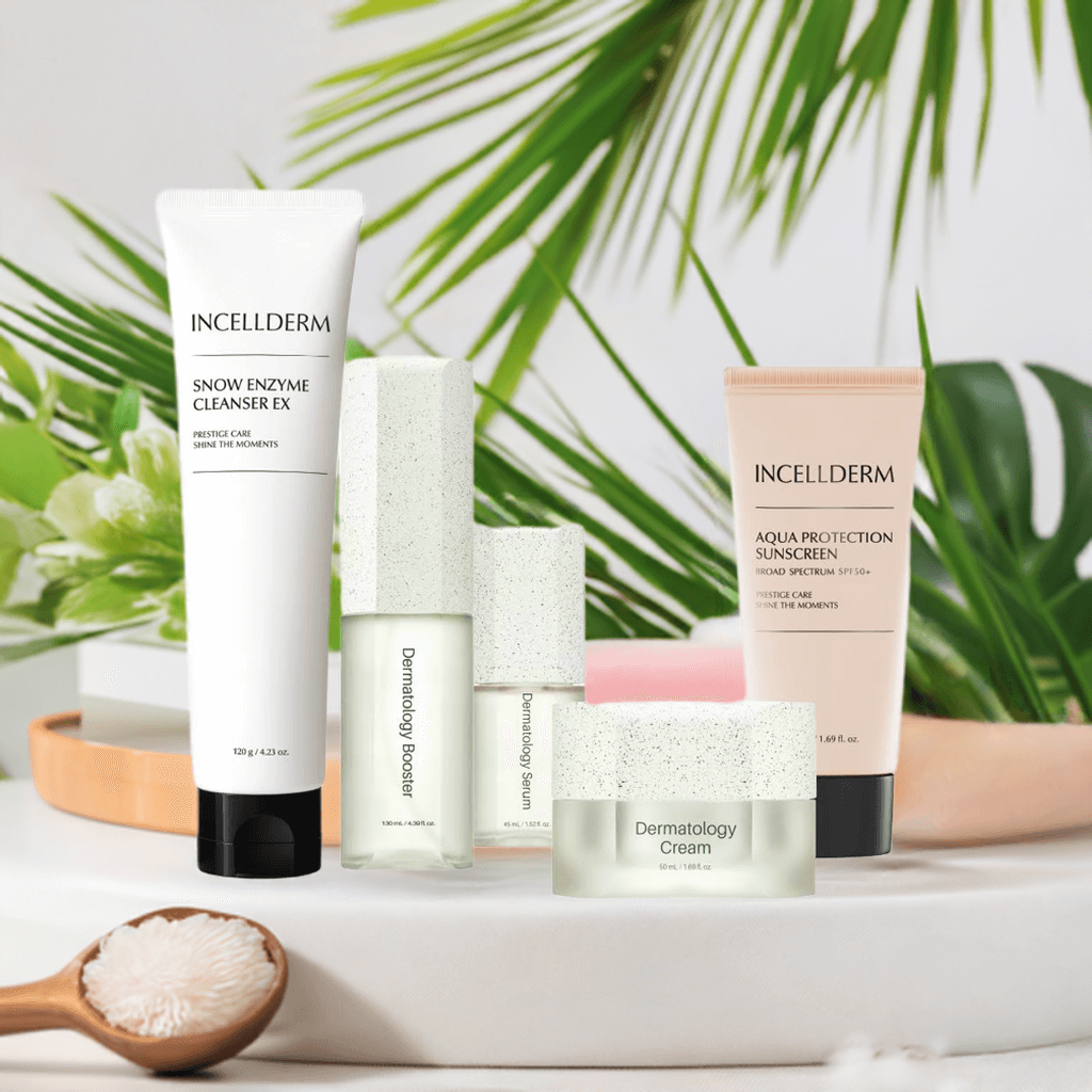 Incellderm skincare products including cleanser, toner, cream, and sunscreen on a tropical background.
