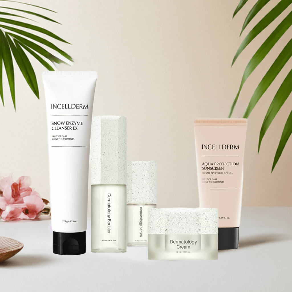 Inceldderm skincare products including Snow Enzyme Cleanser, Dermatology Cream, and Aqua Protection Sunscreen.