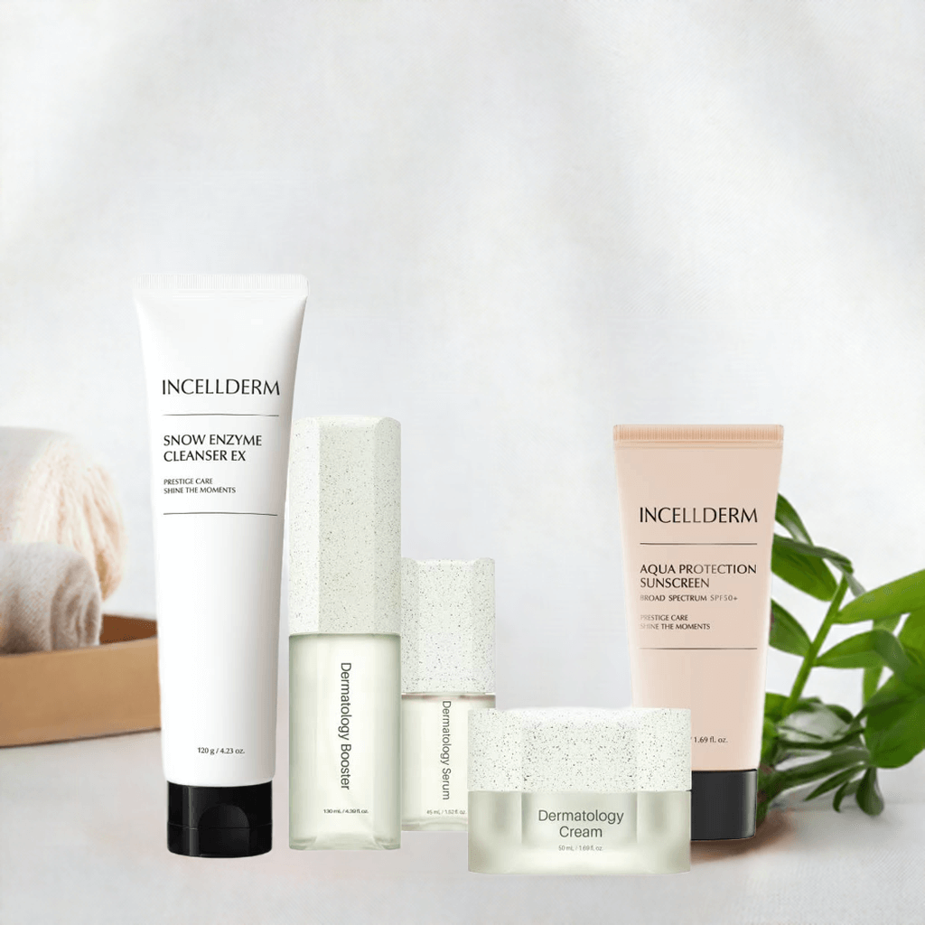 InceldDerm skincare products including Snow Enzyme Cleanser, Dermatology Booster, and Aqua Protection Sunscreen.