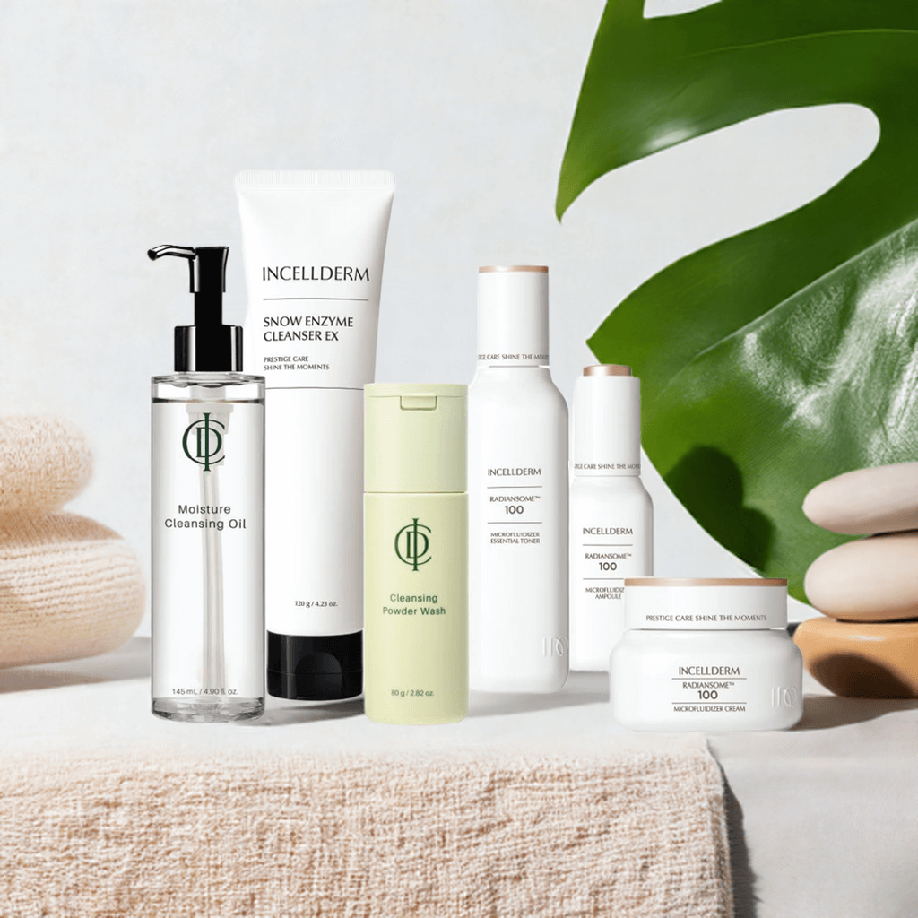 INCELLDERM skincare products: Moisture Cleansing Oil, Snow Enzyme Cleanser EX, Cleansing Powder Wash, and more.