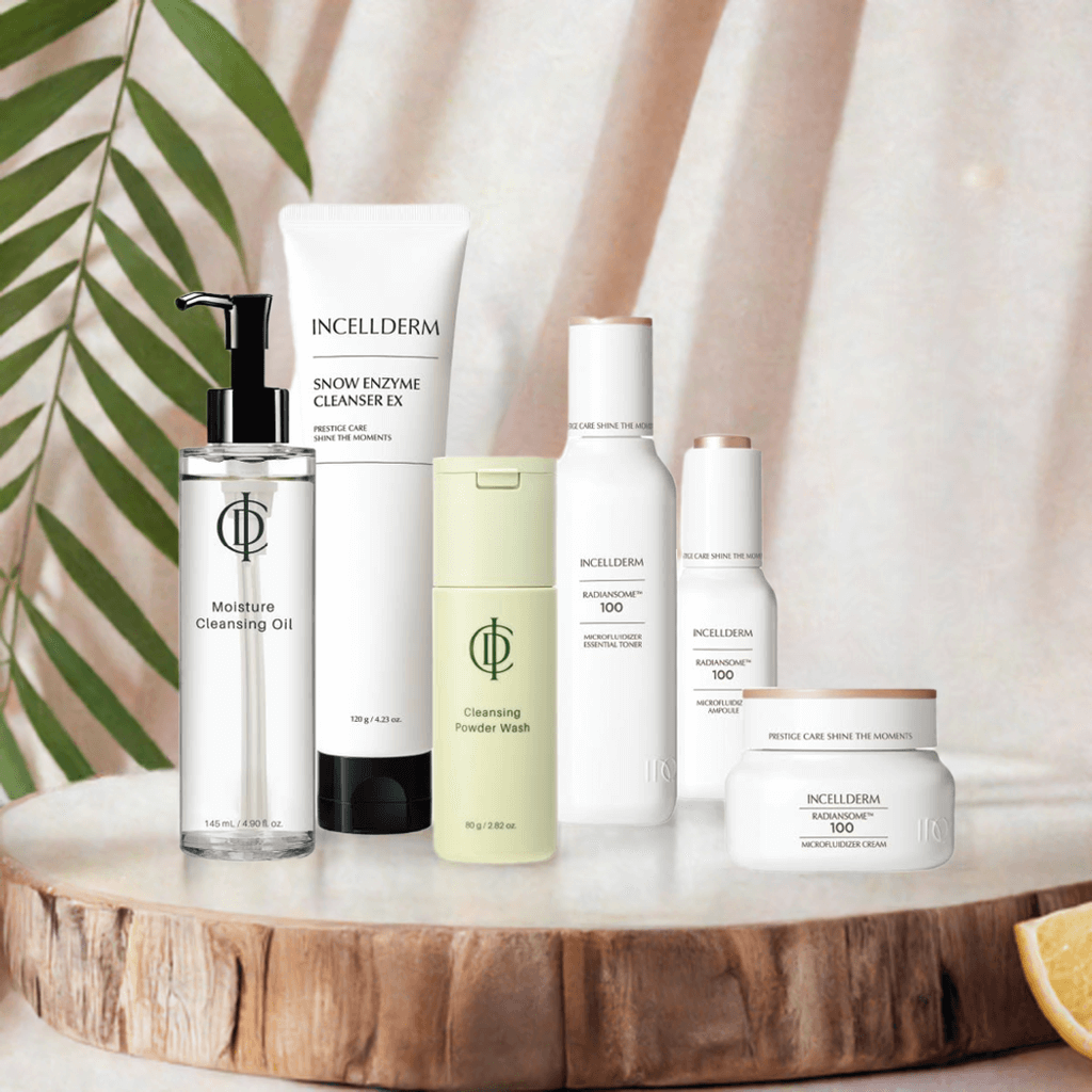 Incellderm skincare bundle featuring cleansing oil, powder wash, and advanced treatments for radiant skin.