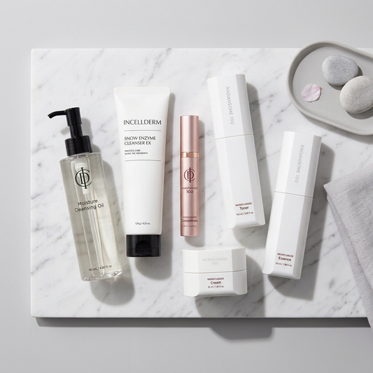 A six-piece skincare set from INCELDERM and RIMAN on a solid white background. The set includes a clear bottle of Moisture Cleansing Oil with a black pump, a white tube of Snow Enzyme Cleanser, a white bottle of Toner, a white bottle of Essence, a white jar of Cream, and a rose gold tube of Microblading Serum.