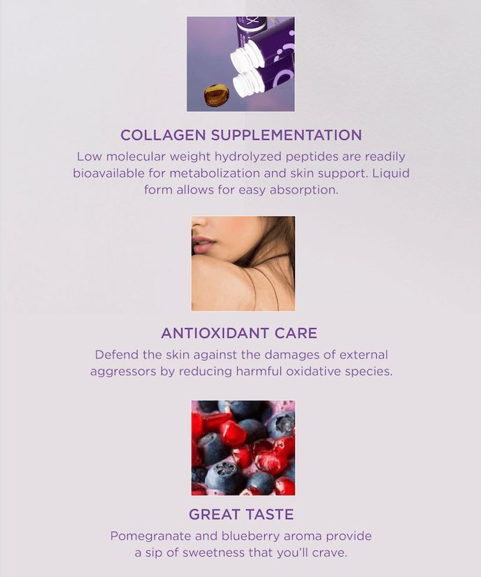 Collagen supplementation benefits, antioxidant care, and tasty blueberry aroma for skincare.
