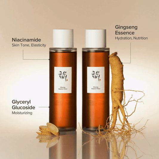 Beauty of Joseon Ginseng Essence Water bottles highlighting key ingredients for Korean skincare.