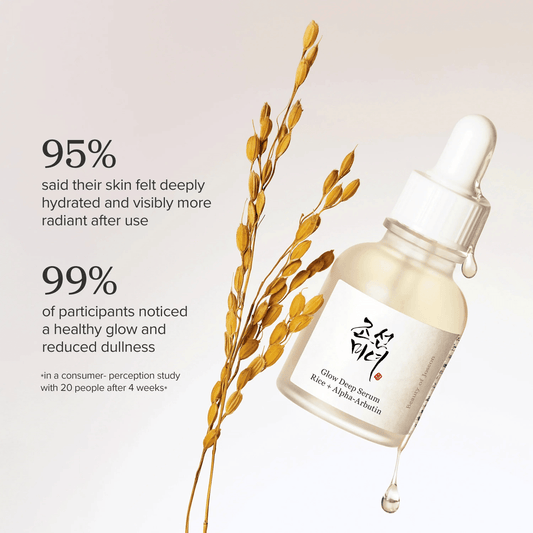 Beauty of Joseon Glow Deep Serum Rice Alpha-Arbutin showcased with glowing skin benefits and statistics on hydration and radiance.