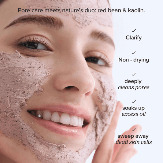 Beauty of Joseon Red Bean Refreshing Pore Mask applied on a woman's face for Korean skincare and deep cleansing.