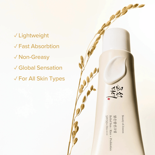 Beauty of Joseon Relief Sun: Rice + Probiotics SPF50 lightweight Korean sunscreen for all skin types.