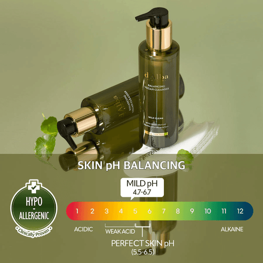 d'Alba Mild Skin Balancing Vegan Cleanser displayed with skin pH balancing information and hypoallergenic endorsement.