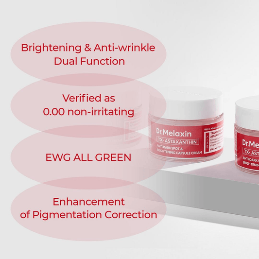 Dr Melaxin TX-Astaxanthin Anti-Dark Spot and Brightening Capsule Cream with brightening and anti-wrinkle benefits.