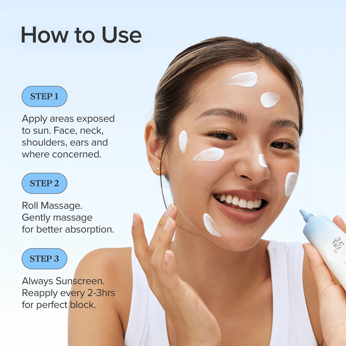 How to use Relief Sun Aqua-Fresh Rice B5 SPF50 for sun protection and hydration in three easy steps.