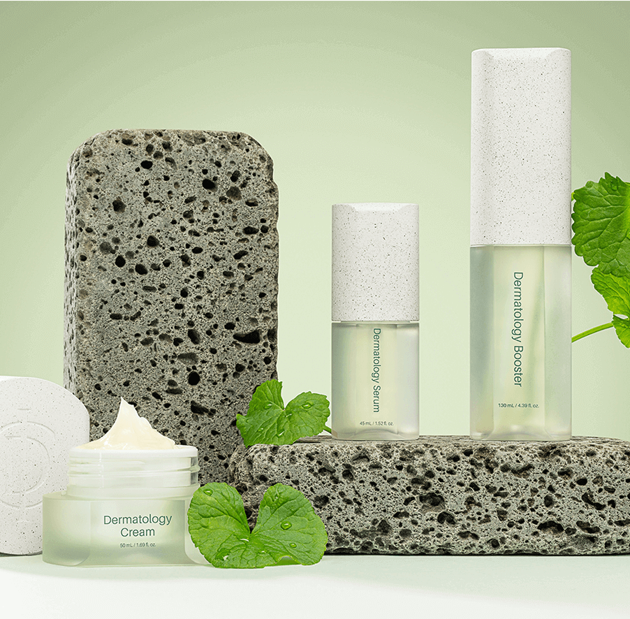 Riman ICD Mini Ritual Set featuring Snow Enzyme Cleanser, Booster, and Serum on textured background with mint leaves.