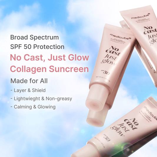 Medicube Glow Collagen Sunscreen SPF 50 | Korean Sunscreen in a skincare display with benefits highlighted.