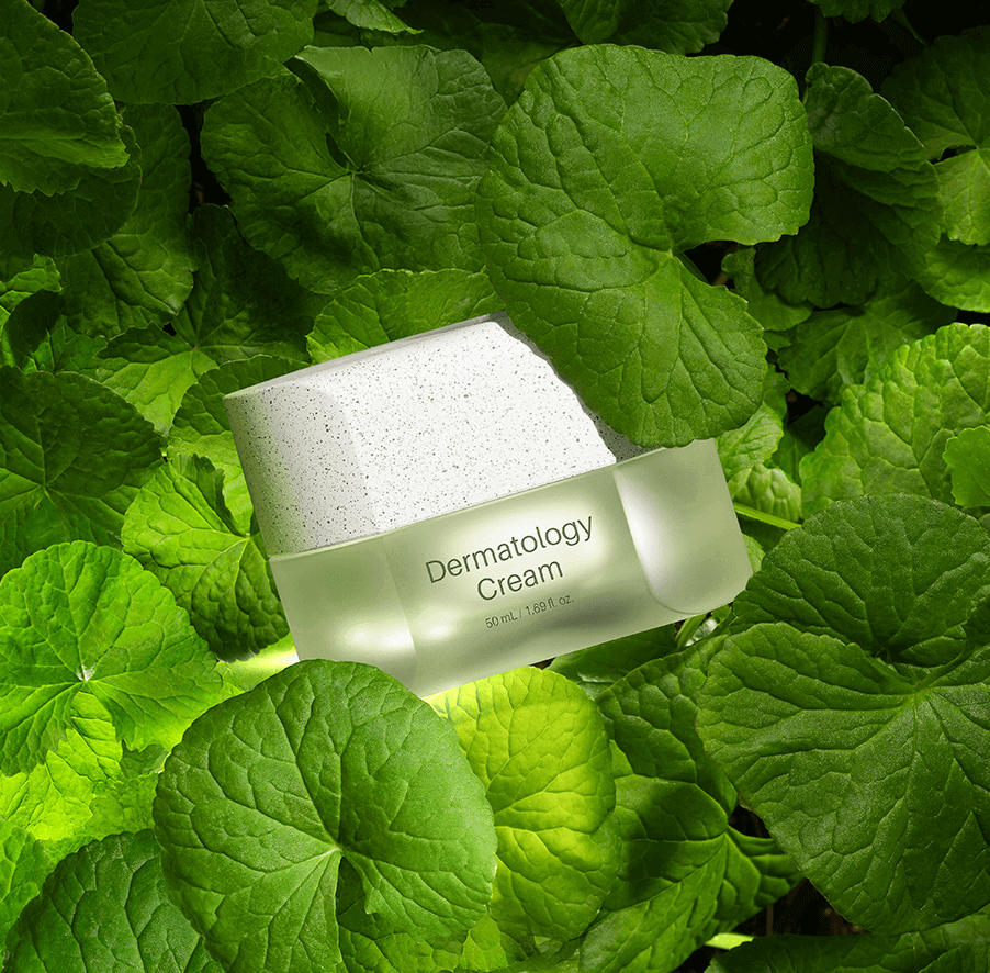 Dermatology cream in eco-friendly packaging surrounded by green leaves, showcasing hydration and skin nourishment benefits.