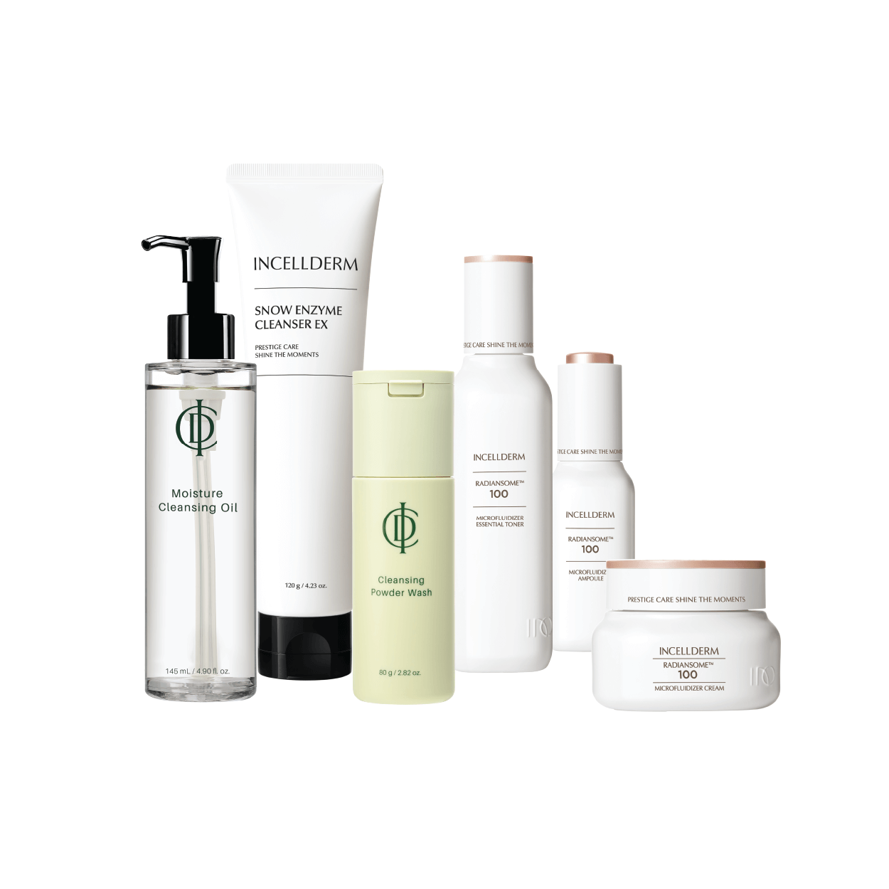 Inceldderma skincare set featuring Moisture Cleansing Oil, Snow Enzyme Cleanser, Cleansing Powder Wash, and more.