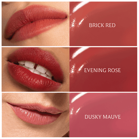 Riman ICD Makeup Butter Lip Tint Semi Matte swatches in Brick Red, Evening Rose, and Dusky Mauve shades.