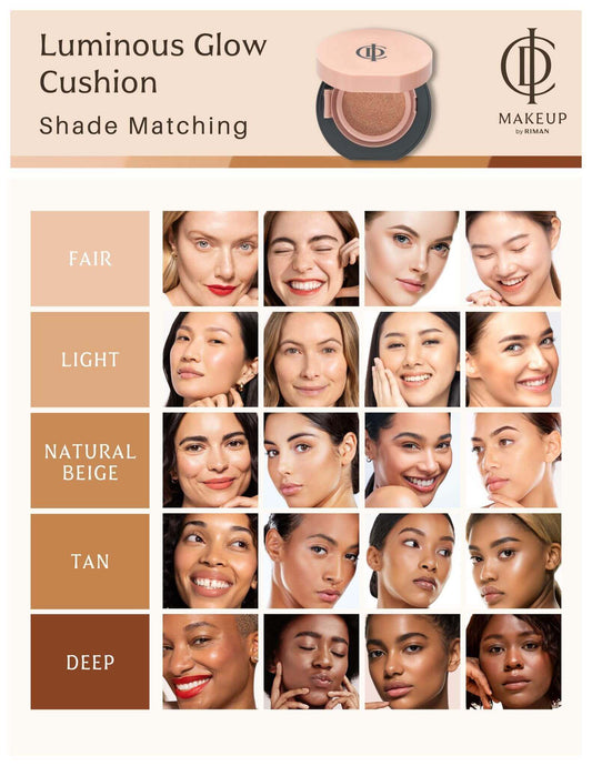 Riman ICD Makeup Luminous Glow Cushion shade matching chart with models showcasing different skin tones.