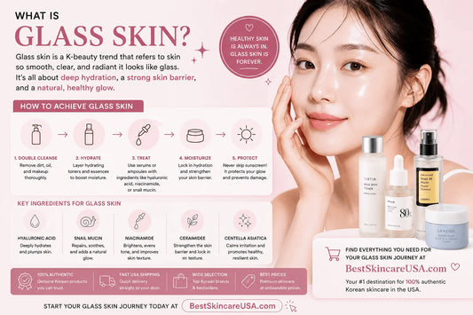 What Is Glass Skin, and How Can You Achieve It? infographic with skincare tips and products for glowing skin