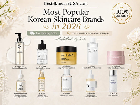 Image showcasing the Most Popular Korean Skincare Brands in 2026 with featured products and authenticity seals.