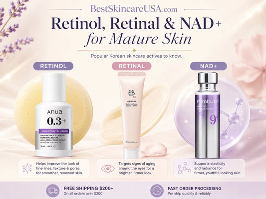 Retinol vs. Retinal vs. NAD+ for Mature Skin: A K-Beauty Guide highlighting popular Korean skincare products.