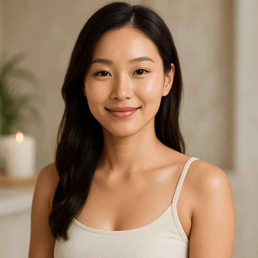 A smiling woman with radiant skin, representing effective Korean skincare solutions to fade dark spots naturally.