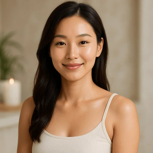 A smiling woman with radiant skin, representing effective Korean skincare solutions to fade dark spots naturally.
