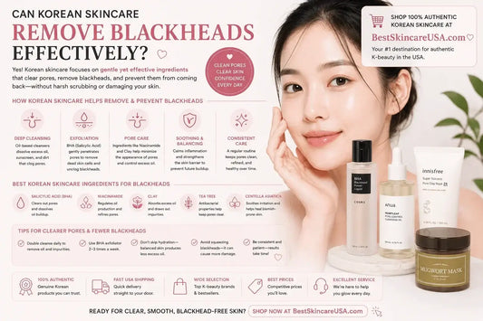 Image illustrating how Korean skincare can remove blackheads effectively with product recommendations and skincare tips.