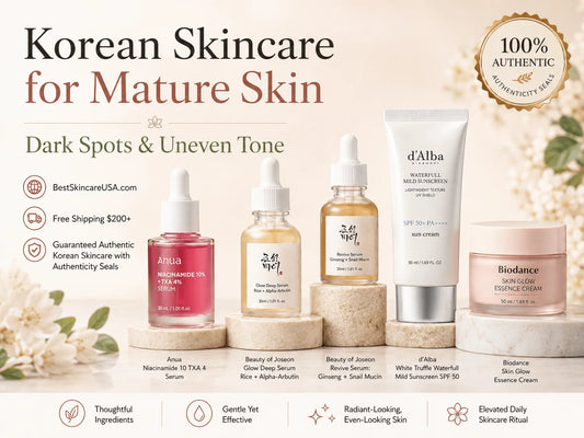 Korean Skincare for Mature Skin with Dark Spots and Uneven Tone products including serums and sunscreen.