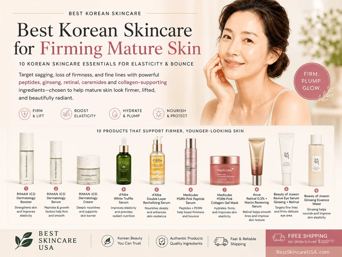 Best Korean Skincare for Firming Mature Skin: 10 Products for Elasticity and Bounce infographic showcasing benefits.