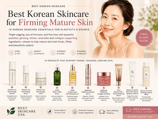 Best Korean Skincare for Firming Mature Skin: 10 Products for Elasticity and Bounce infographic showcasing benefits.