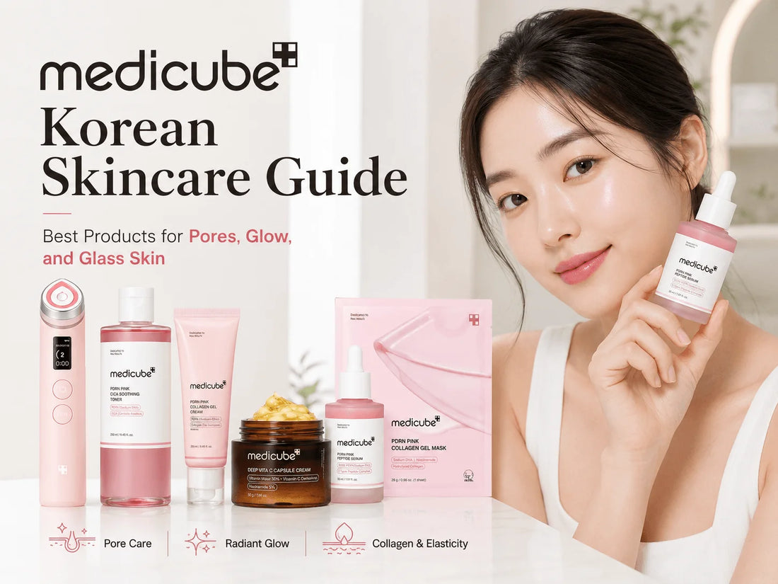 Medicube Korean Skincare Guide: Best Products for Pores, Glow, and Glass Skin (2026) featuring various skincare products.