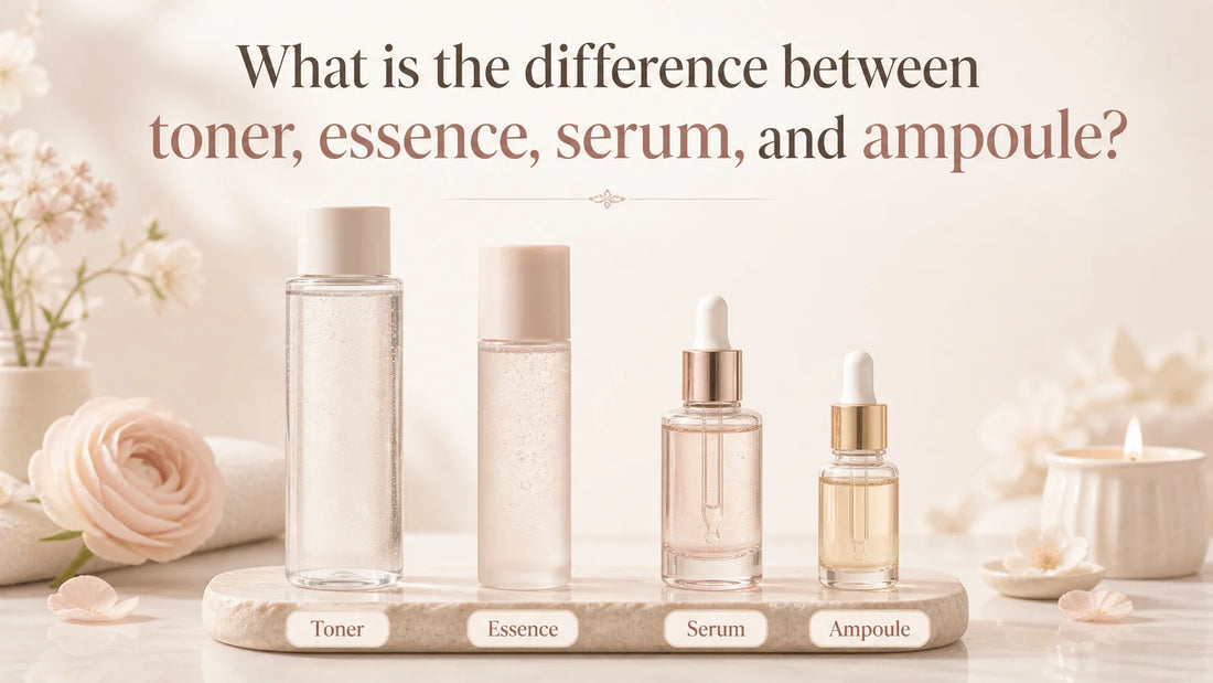 What Is the Difference Between Toner, Essence, Serum, and Ampoule? Display of skincare products.