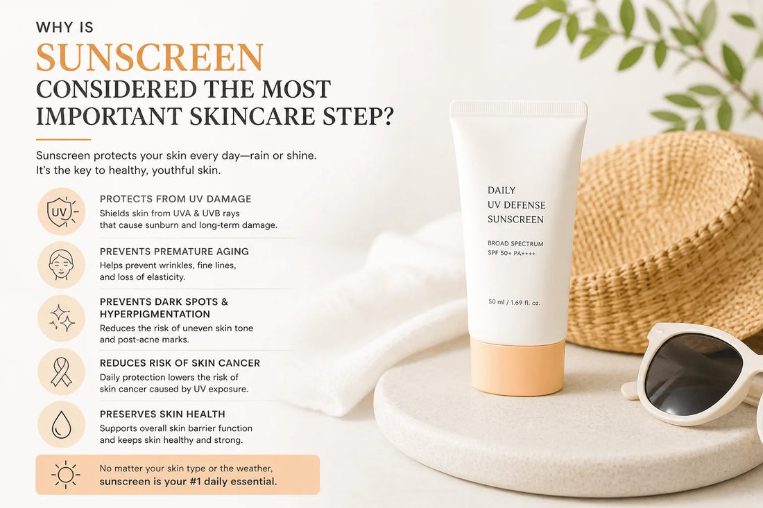Why Is Sunscreen Considered the Most Important Skincare Step? Daily UV Defense Sunscreen on a table with sunglasses.