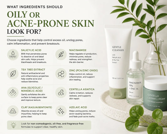What ingredients should oily or acne-prone skin look for? Image showing key skincare ingredients.