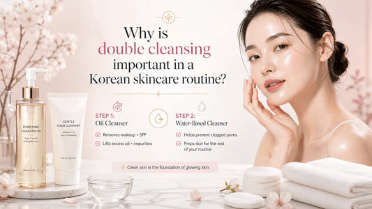 Why Is Double Cleansing Important in a Korean Skincare Routine? Cleanser products and woman demonstrating skincare routine.