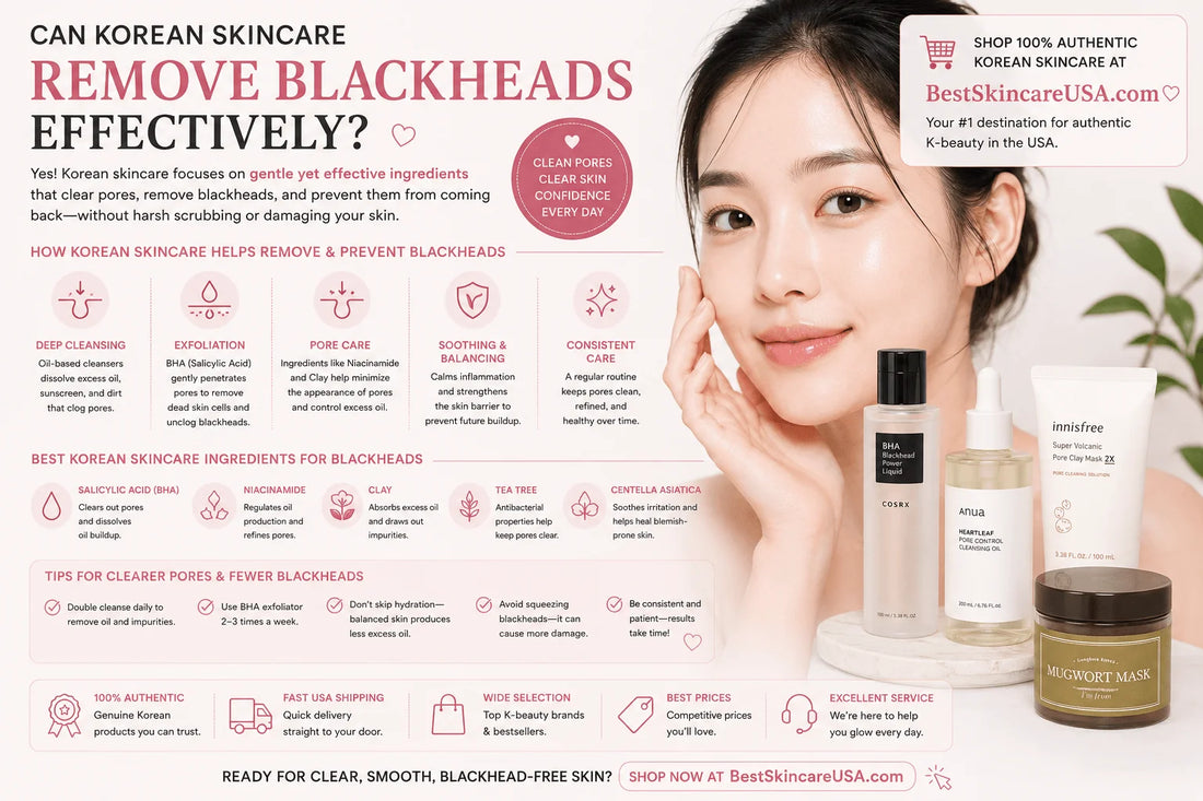 Image illustrating how Korean skincare can remove blackheads effectively with product recommendations and skincare tips.