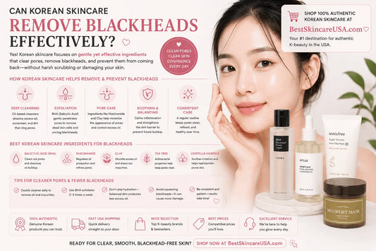 Image illustrating how Korean skincare can remove blackheads effectively with product recommendations and skincare tips.