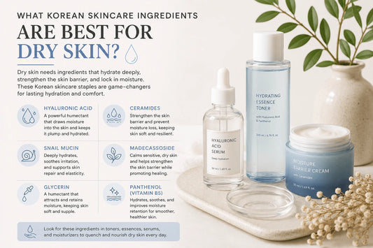 What Korean Skincare Ingredients Are Best for Dry Skin? Image showcasing key hydrating products for dry skin.