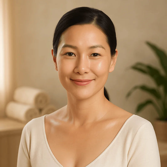 Smiling woman showcasing Korean skincare solutions for fine lines and wrinkles in a serene spa setting.