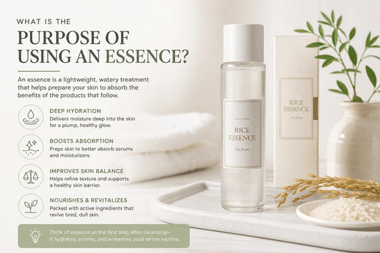 What Is the Purpose of Using an Essence? - Korean skincare essence bottle with benefits listed.