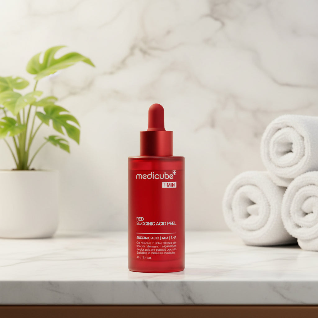 Red skincare serum bottle with Medicube branding on a white background