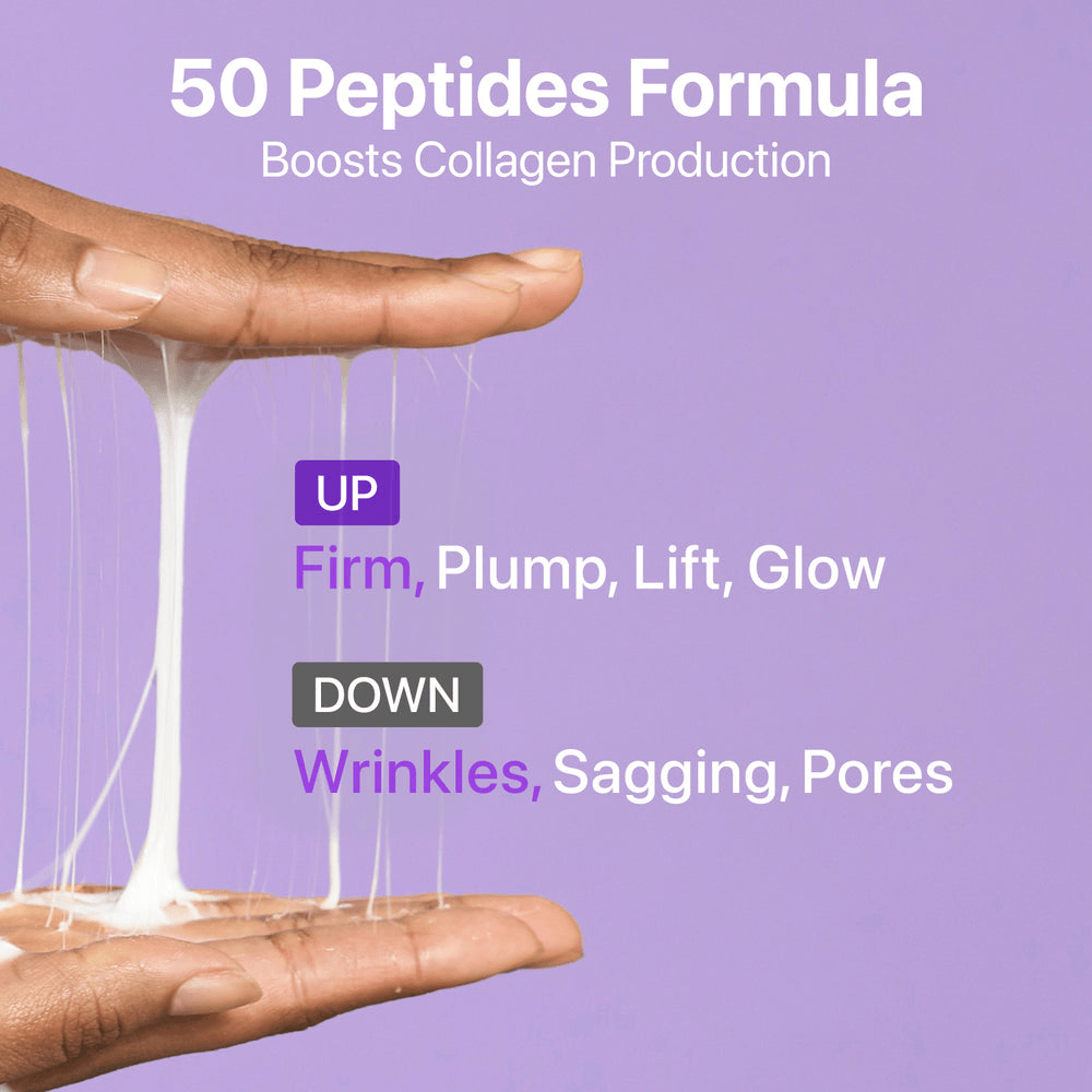 50 Peptides Formula to boost collagen, firm skin, reduce wrinkles with a hand showing the product.