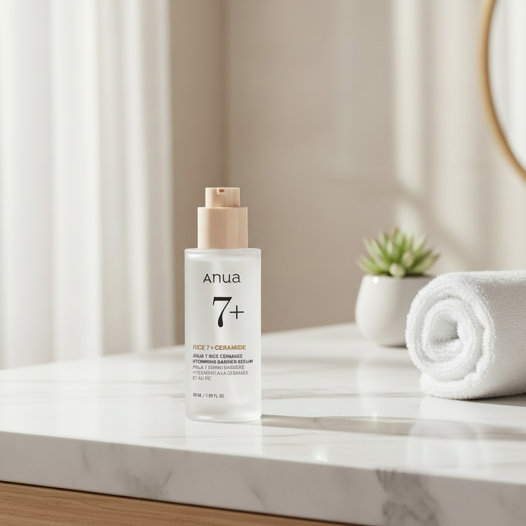 Anua 7+ Rice Ceramide skincare serum bottle on a white background