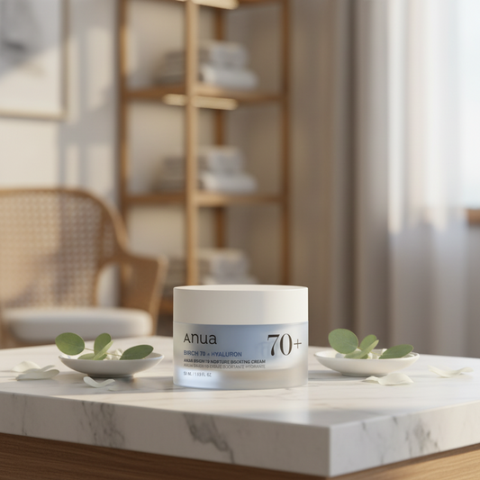 Anua Birch 70+ Hyaluron skincare cream packaging on a white background